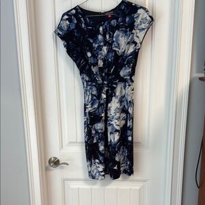 Vince Camuto Blue and White Floral Midi Dress with Crew Neck